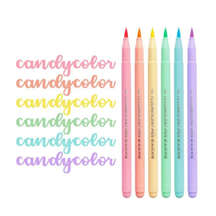 6 Colors Soft Brush Fluorescent Pen Set Art Color Highlighter